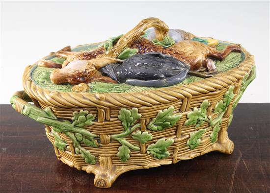 A Minton majolica game pie dish and cover, date code for 1861, 37cm